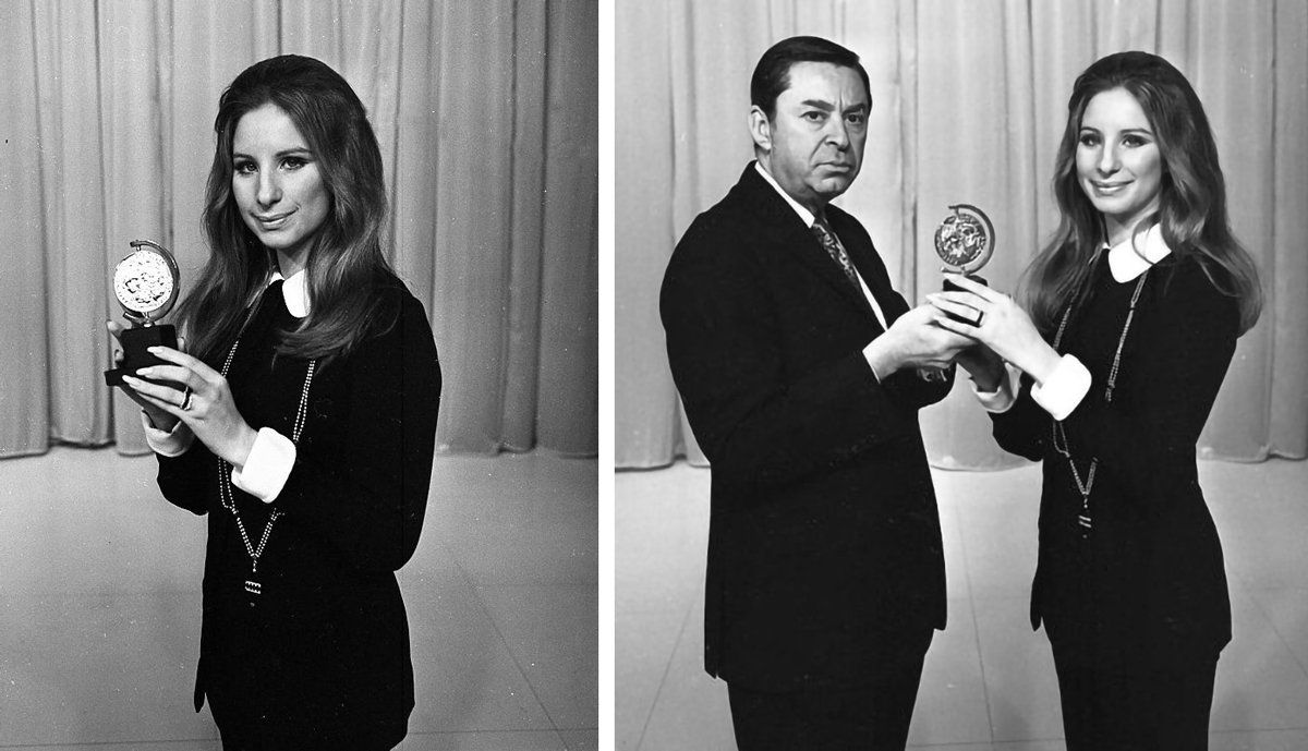 Barbra Streisand holds her Tony Award next to show producer Alexander H. Cohen.