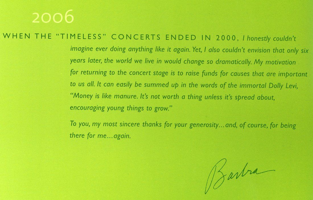 Barbra's note to her 2006 audience in the official tour program.