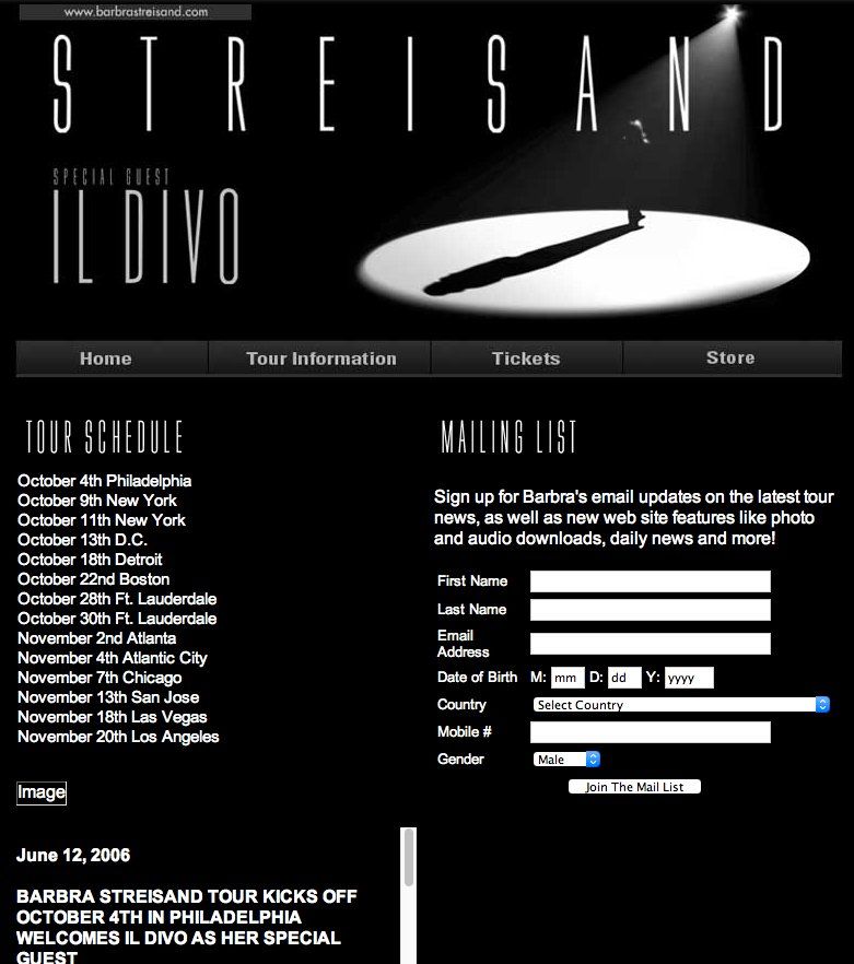 Screen capture of 2006 ticketing website for Streisand tour.