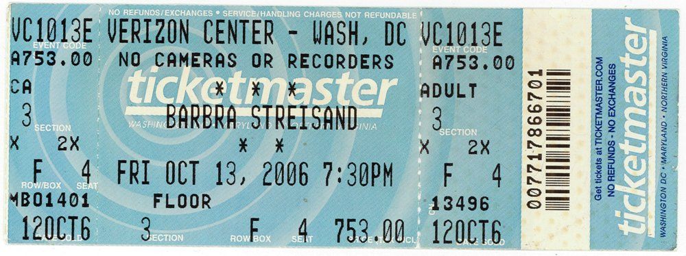 Concert ticket to Streisand's October 13, 2006 D.C. show.