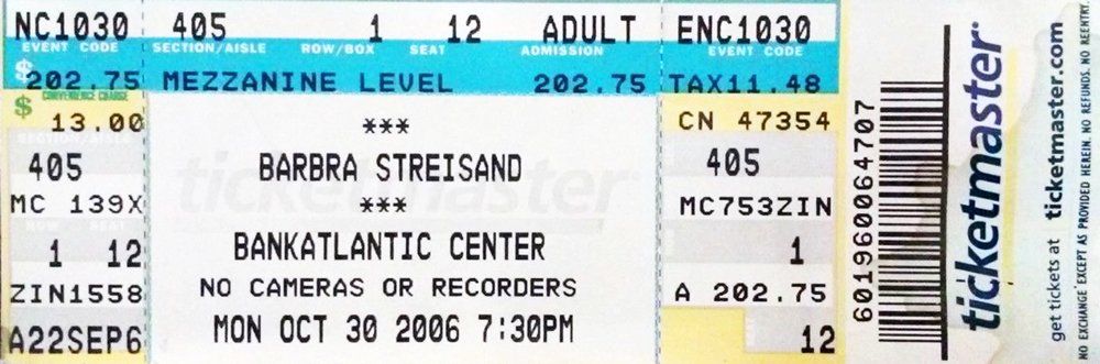Ticket to Streisand's October 30th concert in Florida, 2006.