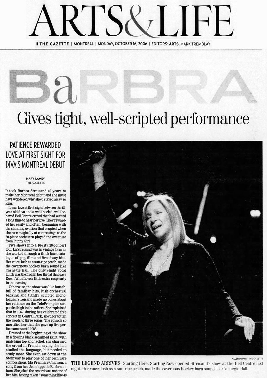 Montreal Gazette review of Streisand concert.