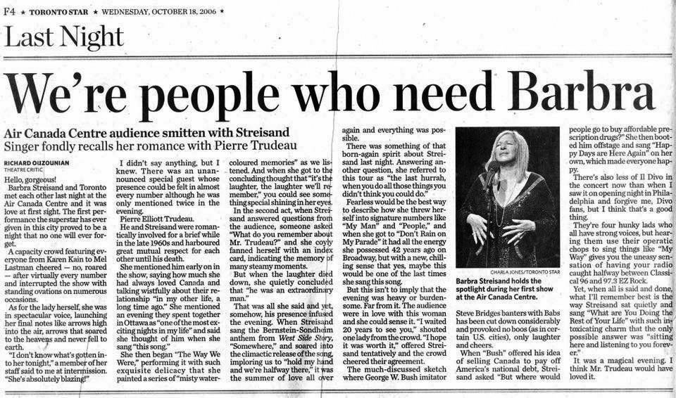 Toronto Star review of Streisand concert.