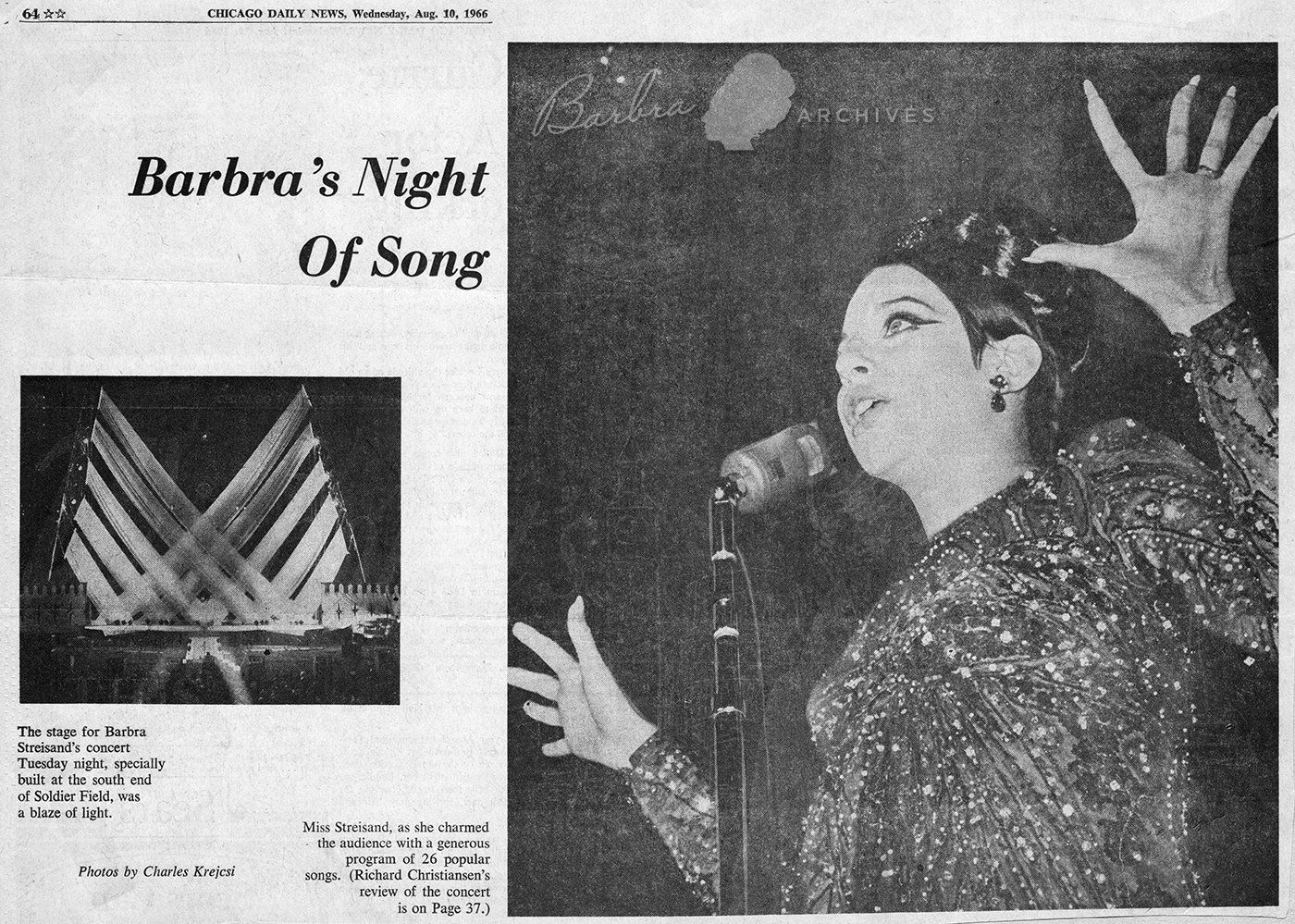 Big newspaper clipping featuring photos of Streisand in concert in Chicago.