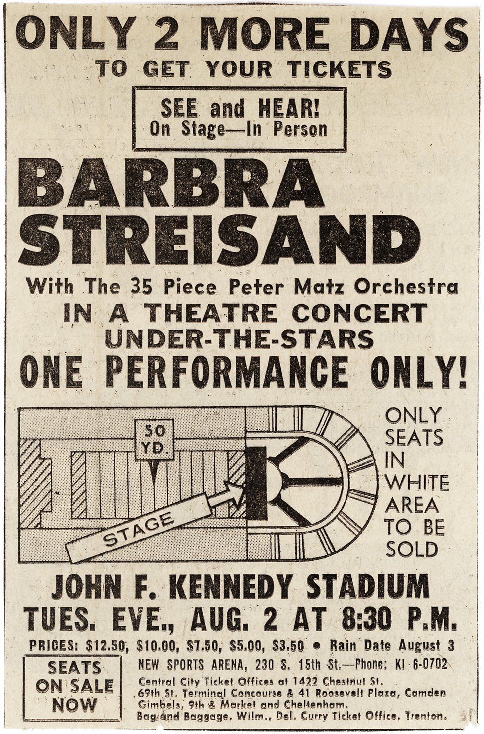 Philadelphia newspaper ad with a diagram of the stage in JFK Stadium