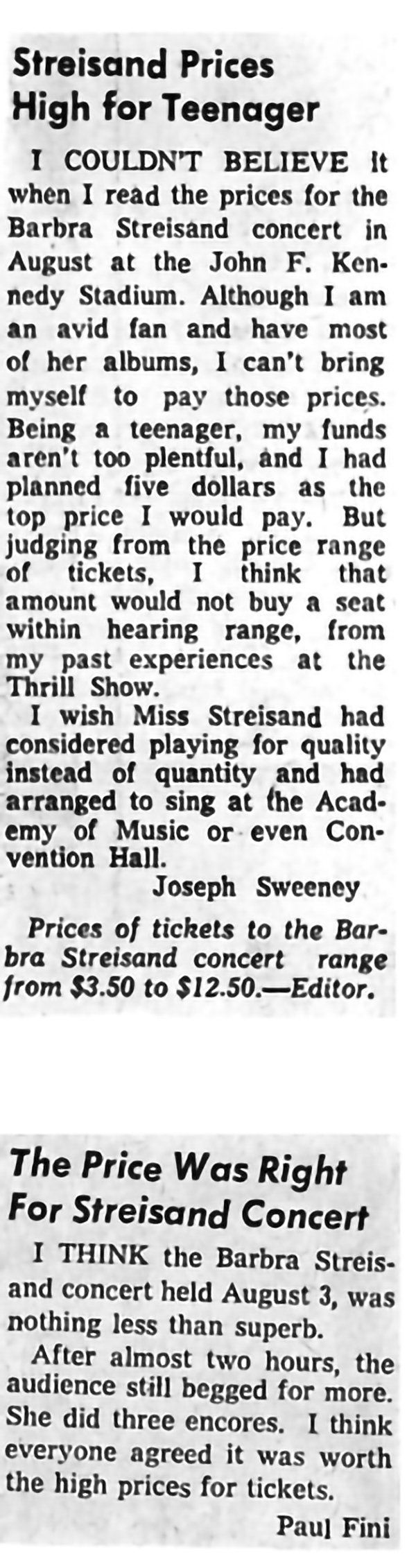 Newspaper clippings of a teenager writing in to complain about ticket prices.