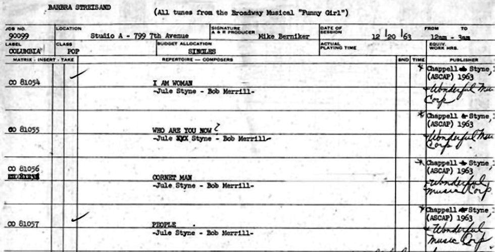 Columbia Records Session Form for the four songs recorded from Funny Girl.