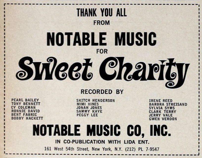 Industry ad for Notable Music recording songs from Sweet Charity