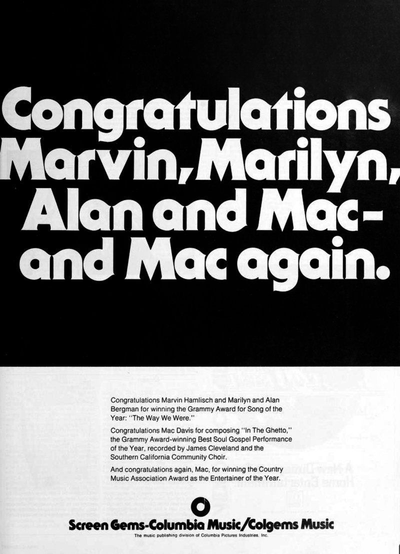 Congratulatory ad to Hamlish and the Bergmans from Screen Gems-Columbia Music.