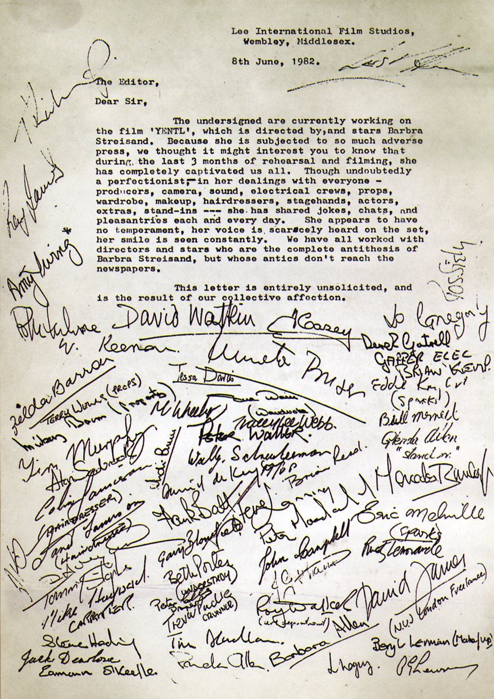 A letter to the British press signed by Barbra's crew.