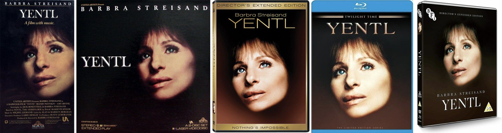 All formats of Yentl on home video over the years: VHS tape, laserdisc, DVD and Blu-ray.
