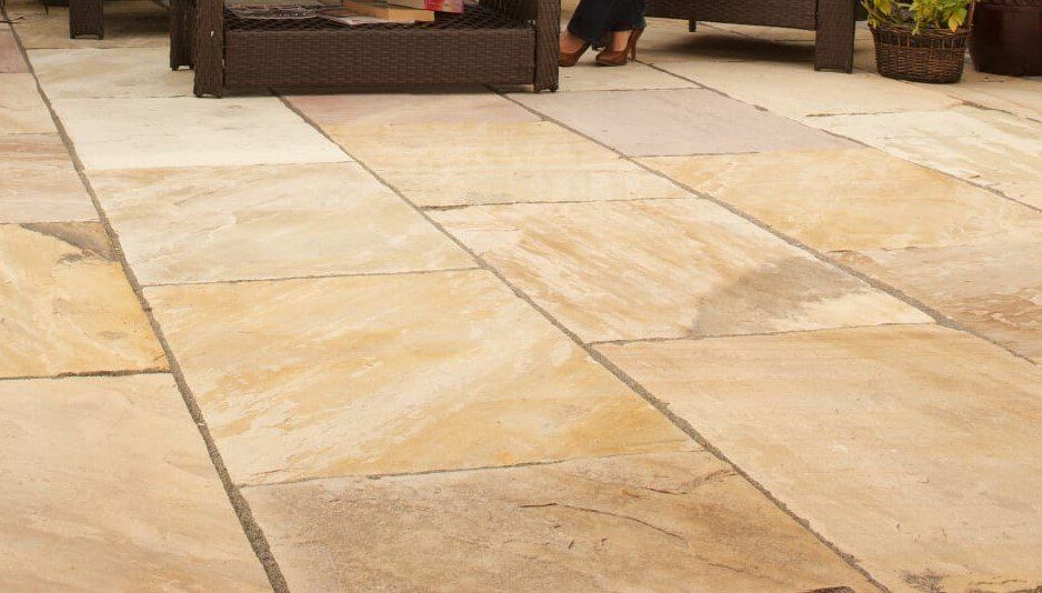 Buff coloured Indian stone paving