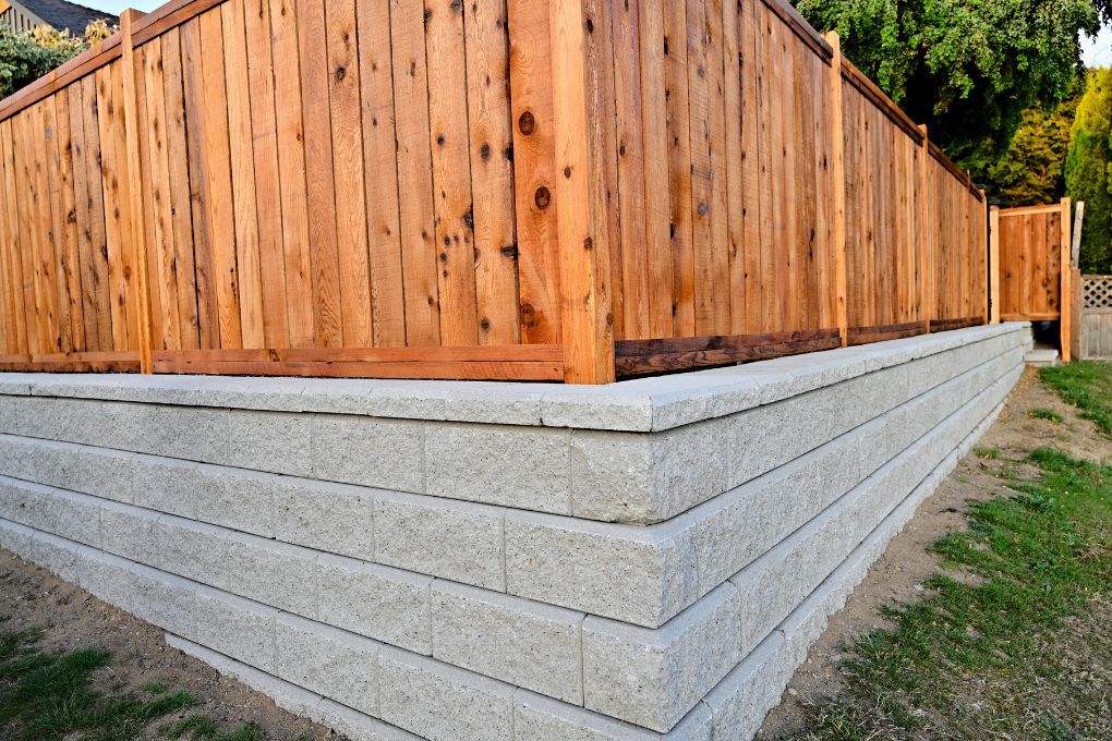 concrete block retaining wall with wooden fencing top in a Leeds garden