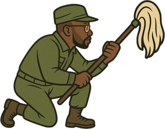 A man in a military uniform is kneeling down holding a mop.