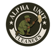 A logo for alpha unit cleaners with a man holding a mop