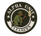 A logo for alpha unit cleaners with a man holding a mop