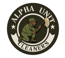 A logo for alpha unit cleaners with a man holding a mop