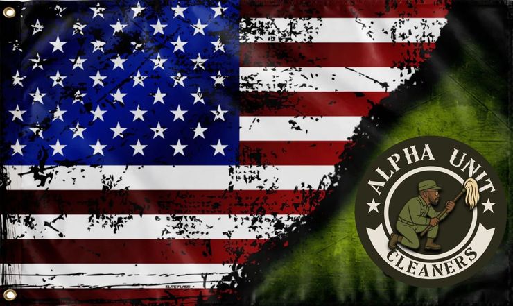 An american flag and a logo for alpha unit cleaners