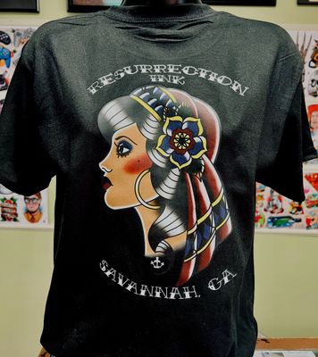 Resurrection Ink T-Shirt Back design featuring the studio's signature artwork