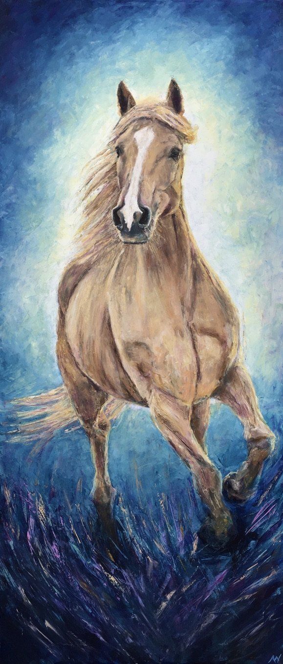 A light brown horse with a white blaze gallops forward against a blue, textured background.