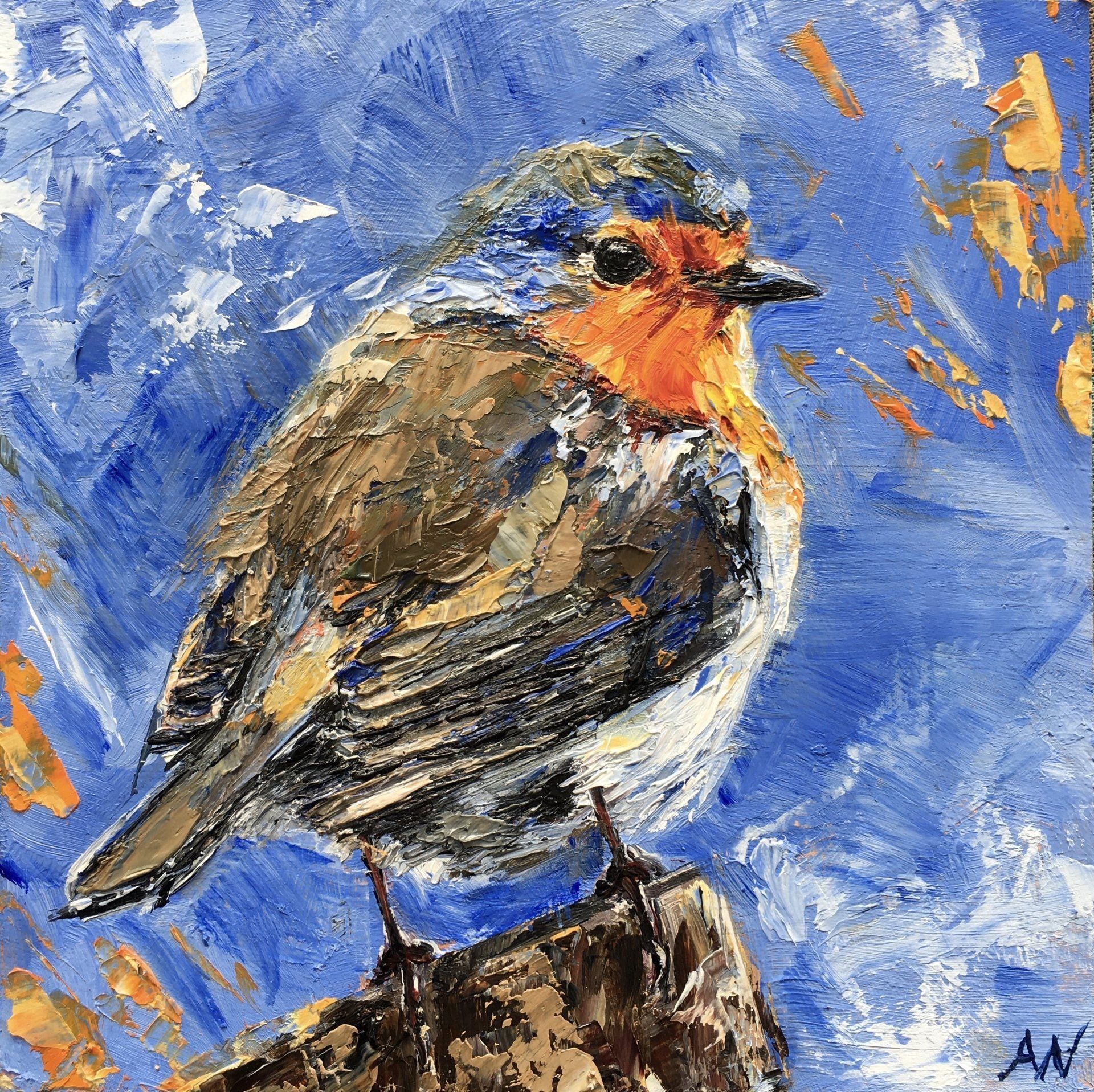 A robin with an orange breast perches on wood, against a blue background with gold accents.