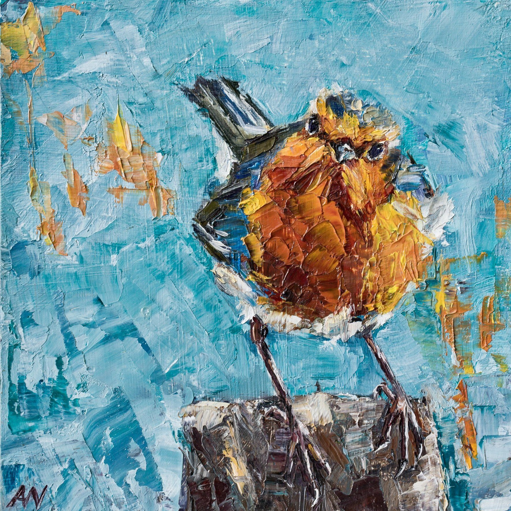 Oil painting of a robin with orange breast, perched on a weathered post, against a blue background.