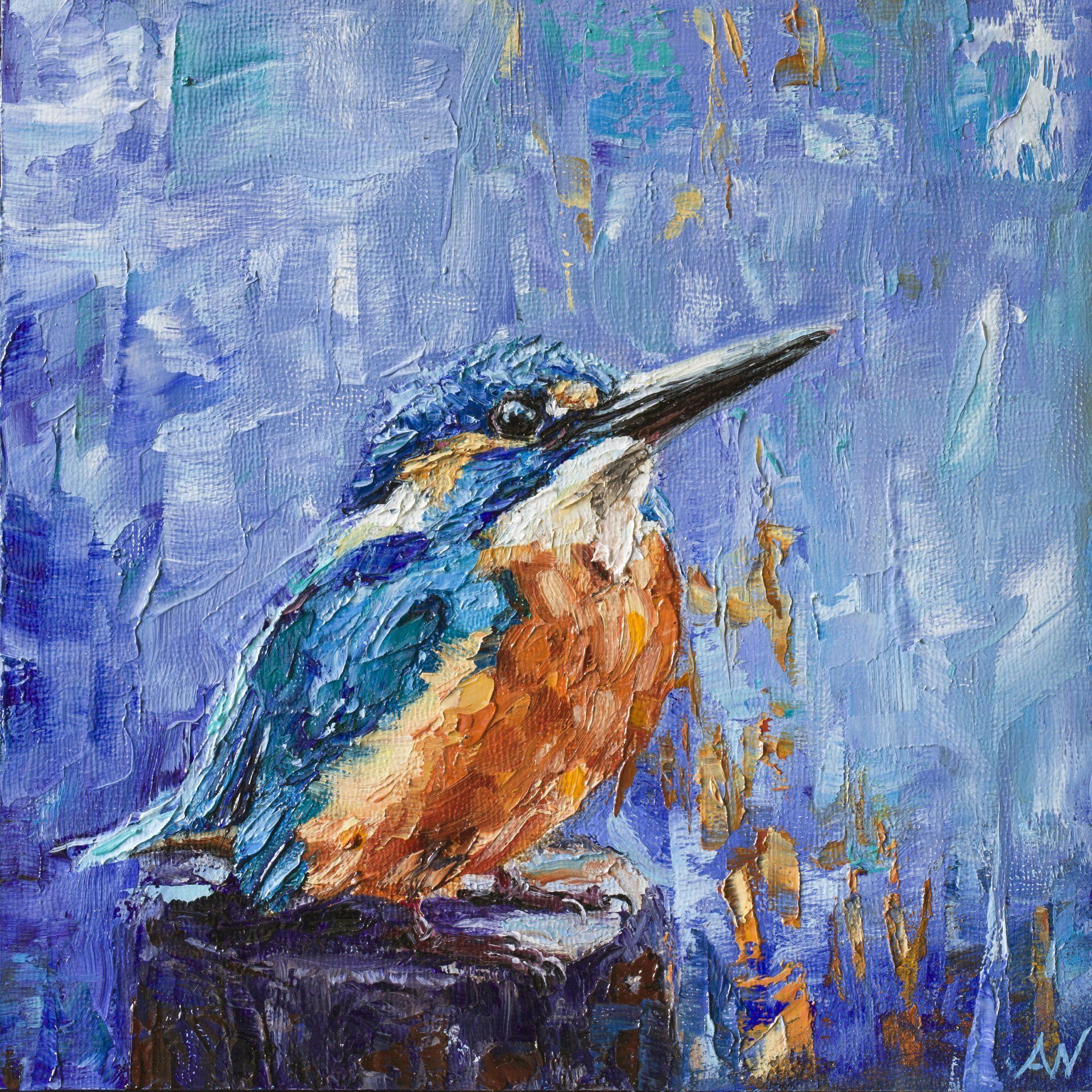 Kingfisher bird on a post, looking up. Blue, orange, and brown textured oil painting.