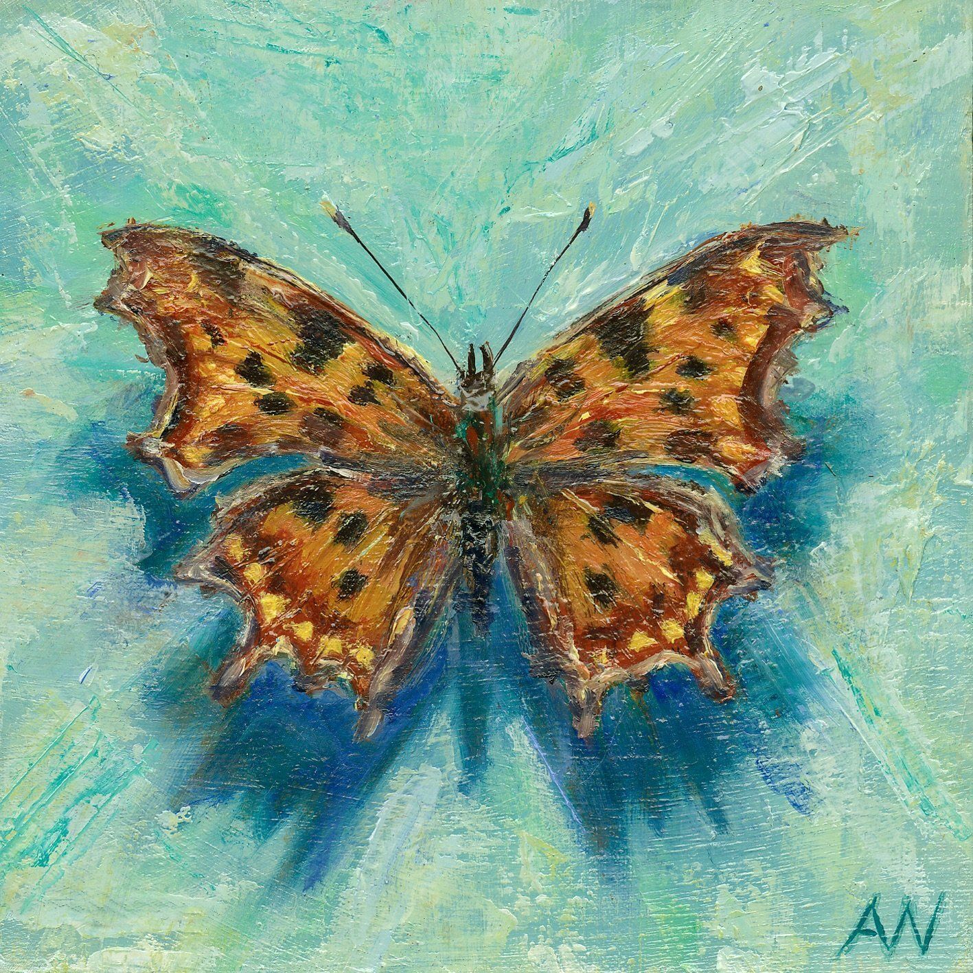 Butterfly with orange and black spots against a teal background.