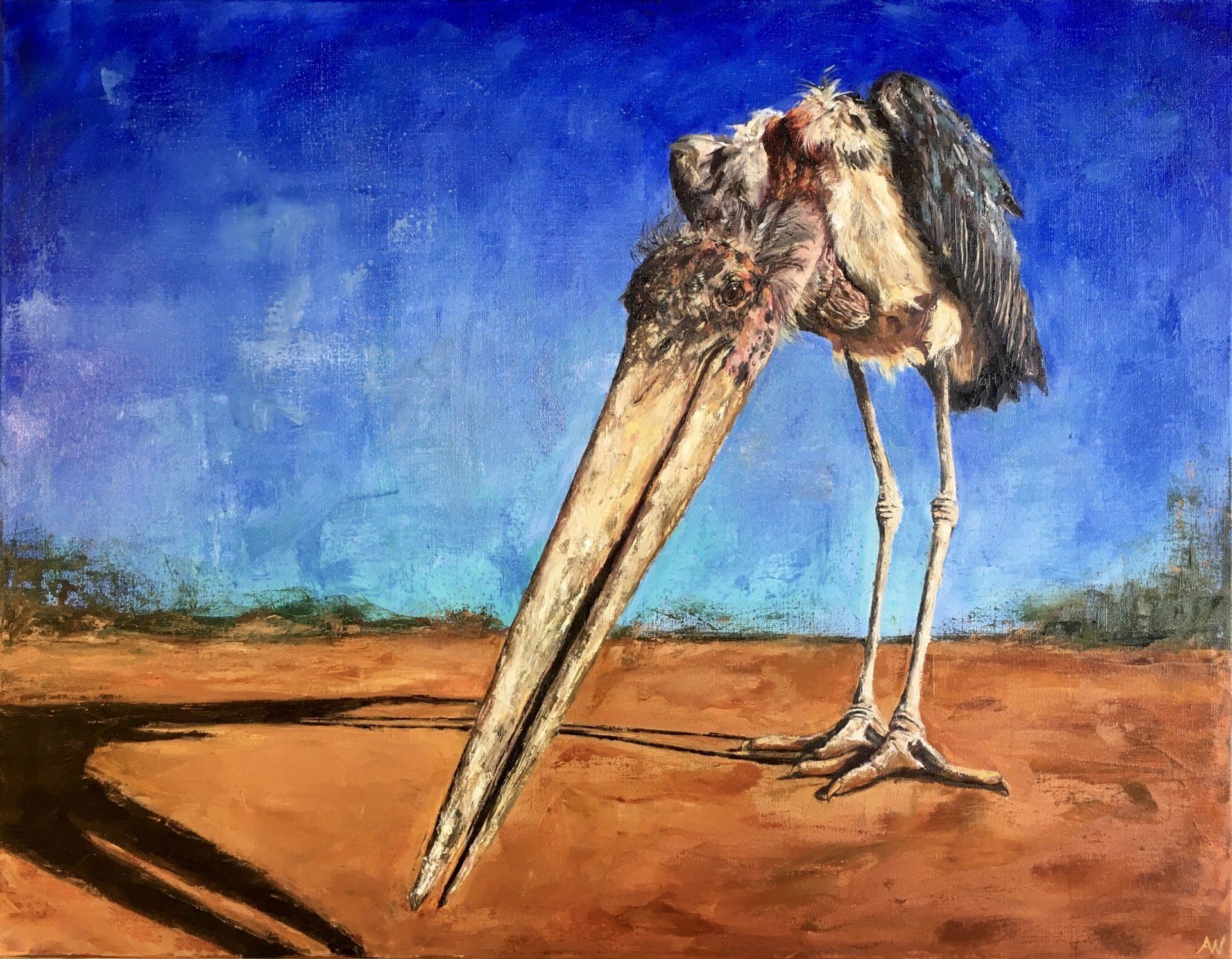 Marabou stork with long beak, bent over on brown ground under blue sky.