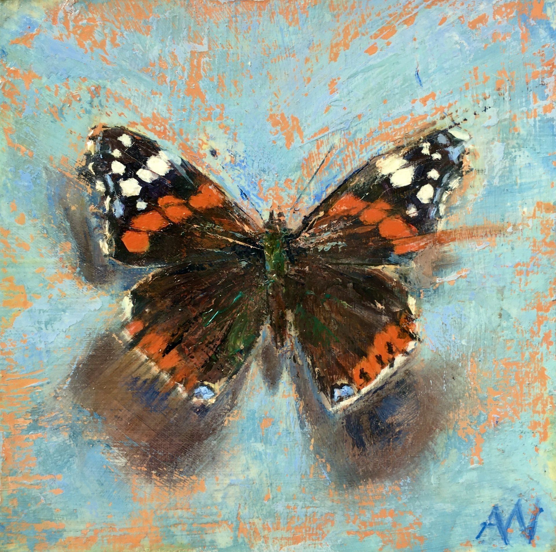 Butterfly with orange, white, and black wings, perched on a textured blue and orange background.