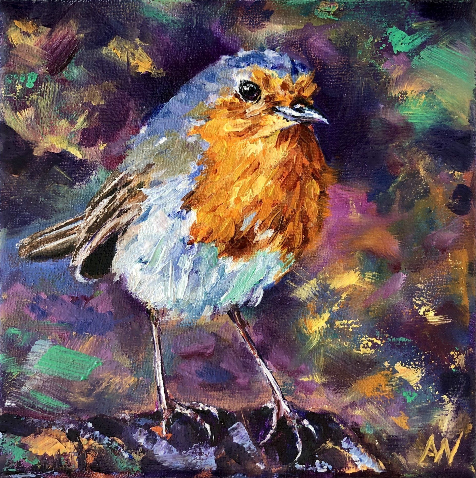 Robin with orange breast and blue wings against a colorful, textured background.