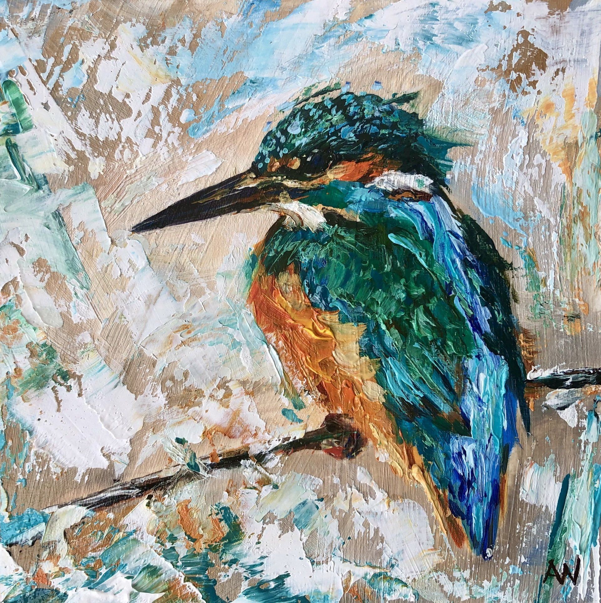 Kingfisher bird painting, vibrant blue, green, and orange, perched on a branch.