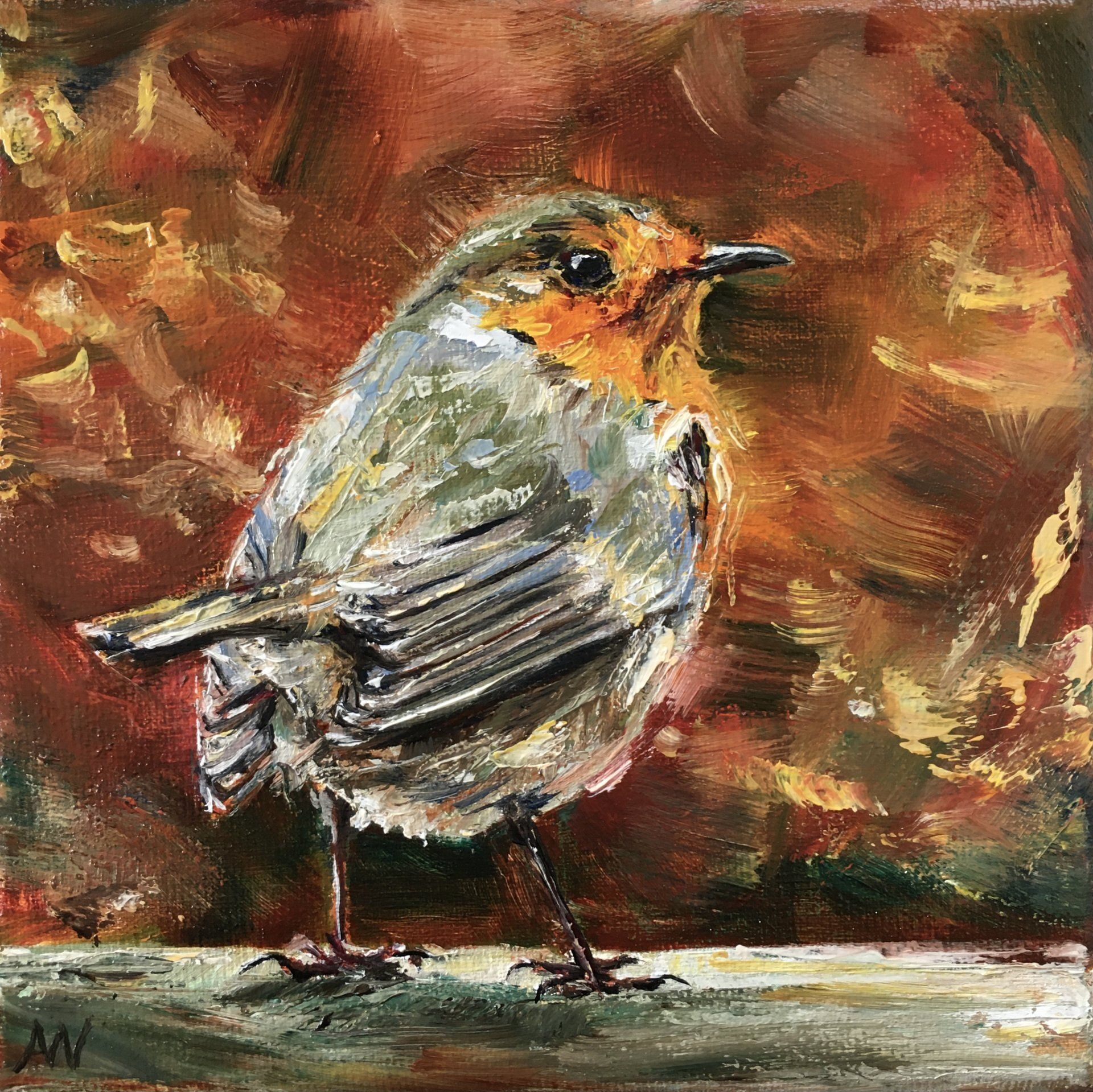 Oil painting of a European robin with an orange breast, set against a warm, blurred background.
