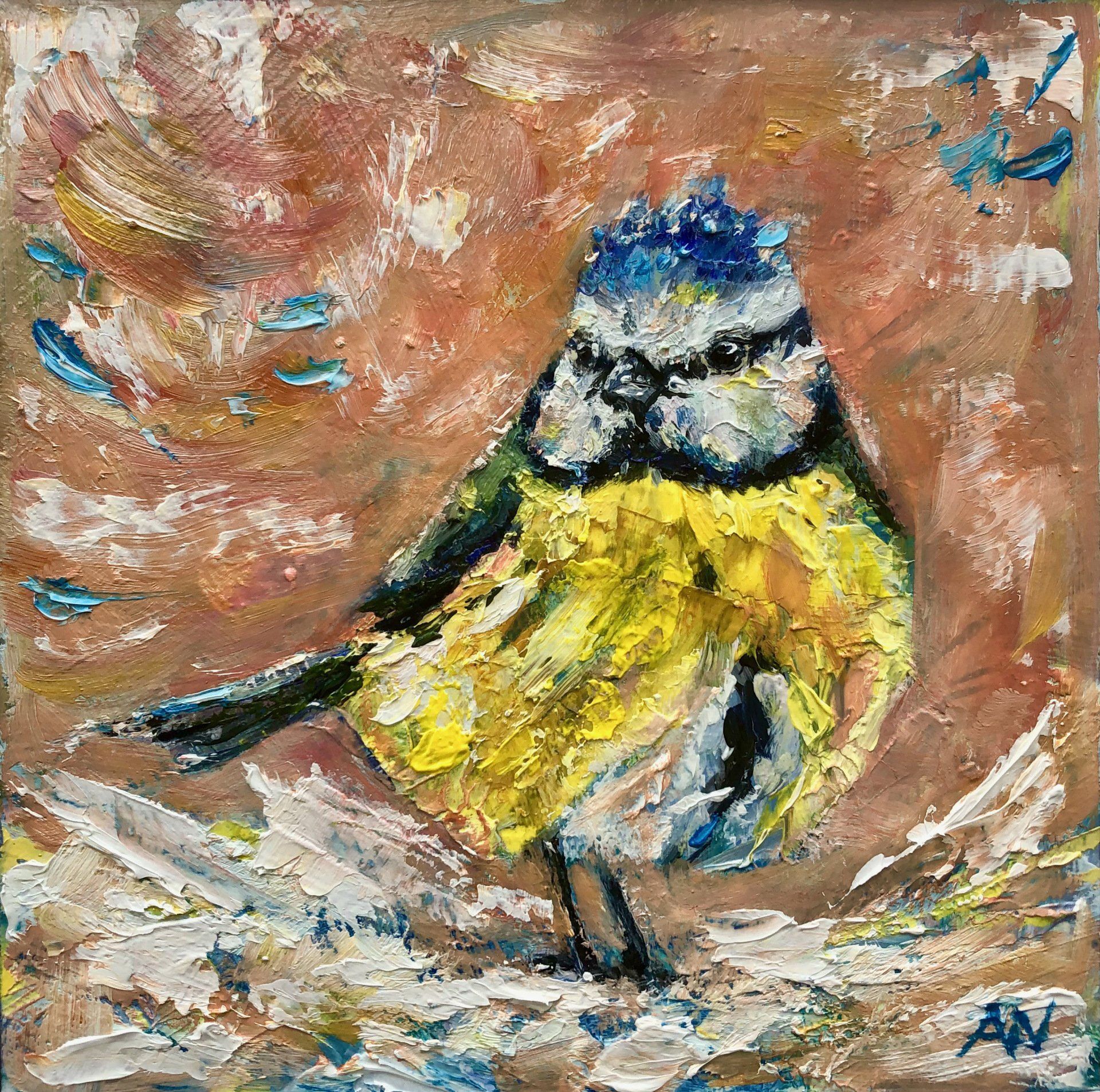 Blue tit bird with yellow and blue feathers, painted on a textured, brown background.