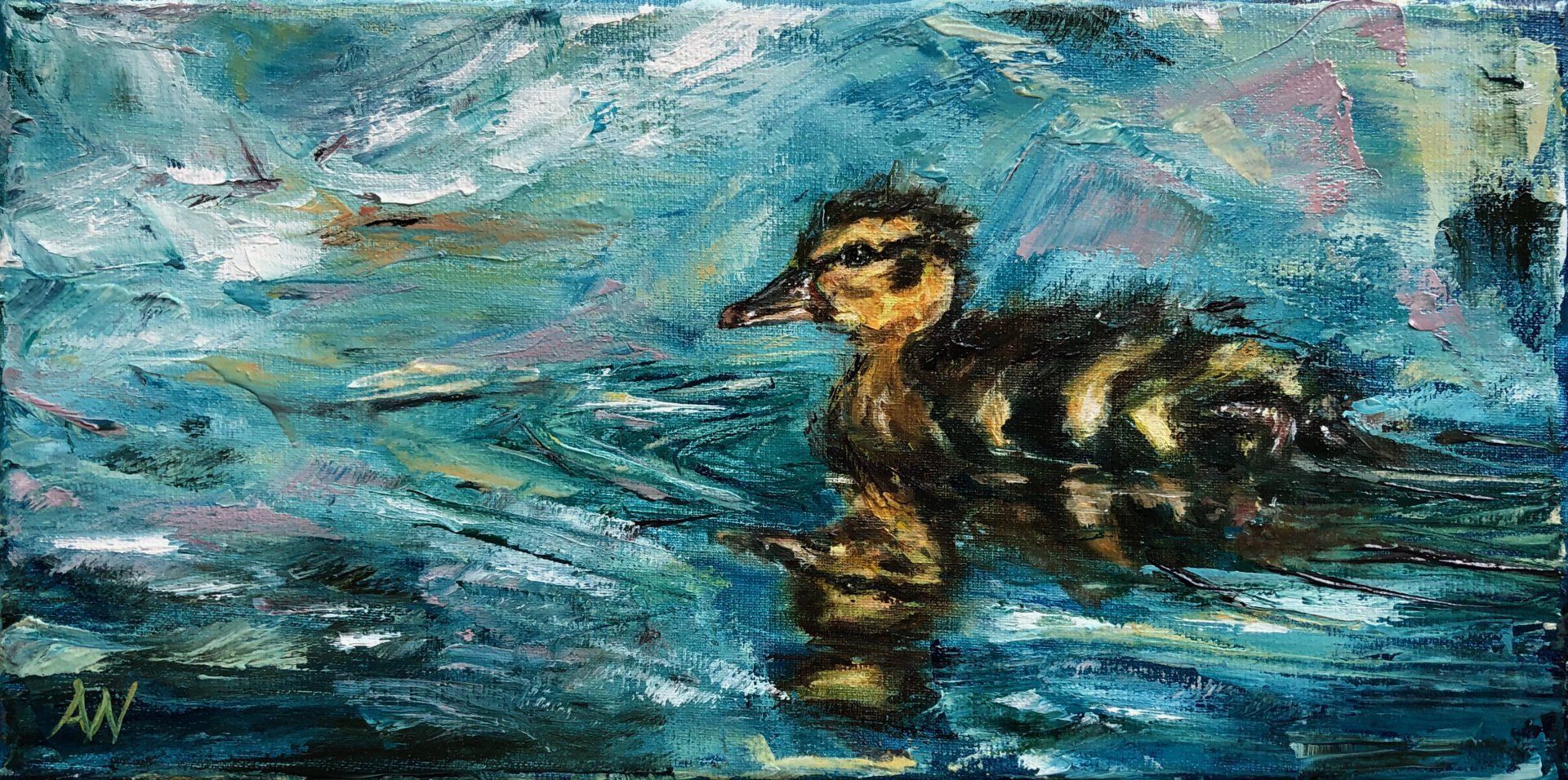 A small duckling swims on blue water. The painting is in an impressionistic style with visible brush strokes.
