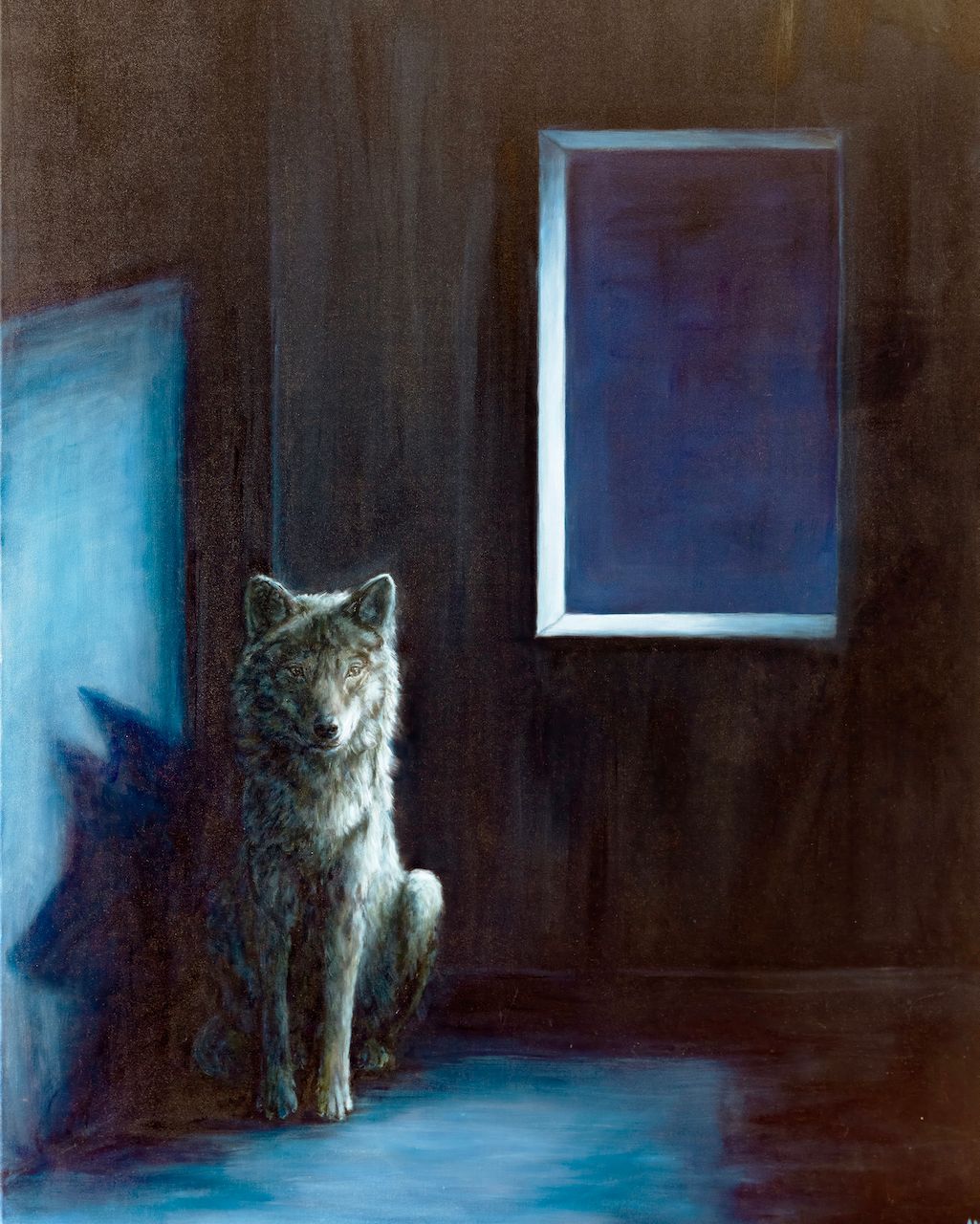 A wolf sits in a dark room with a blue window and doorway; somber mood.