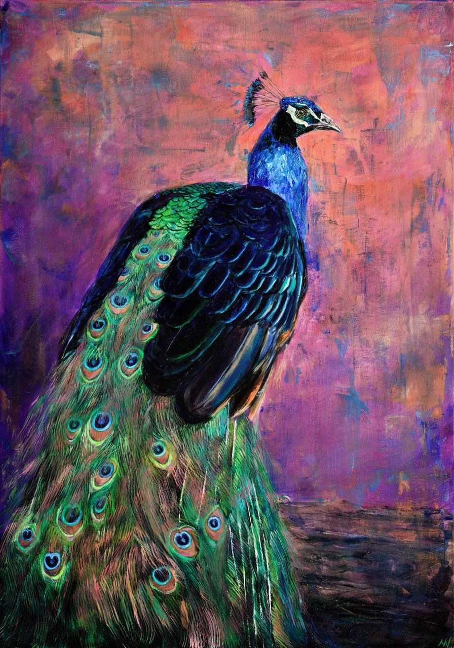 Peacock with iridescent blue, green, and gold feathers against a mottled purple and red background.