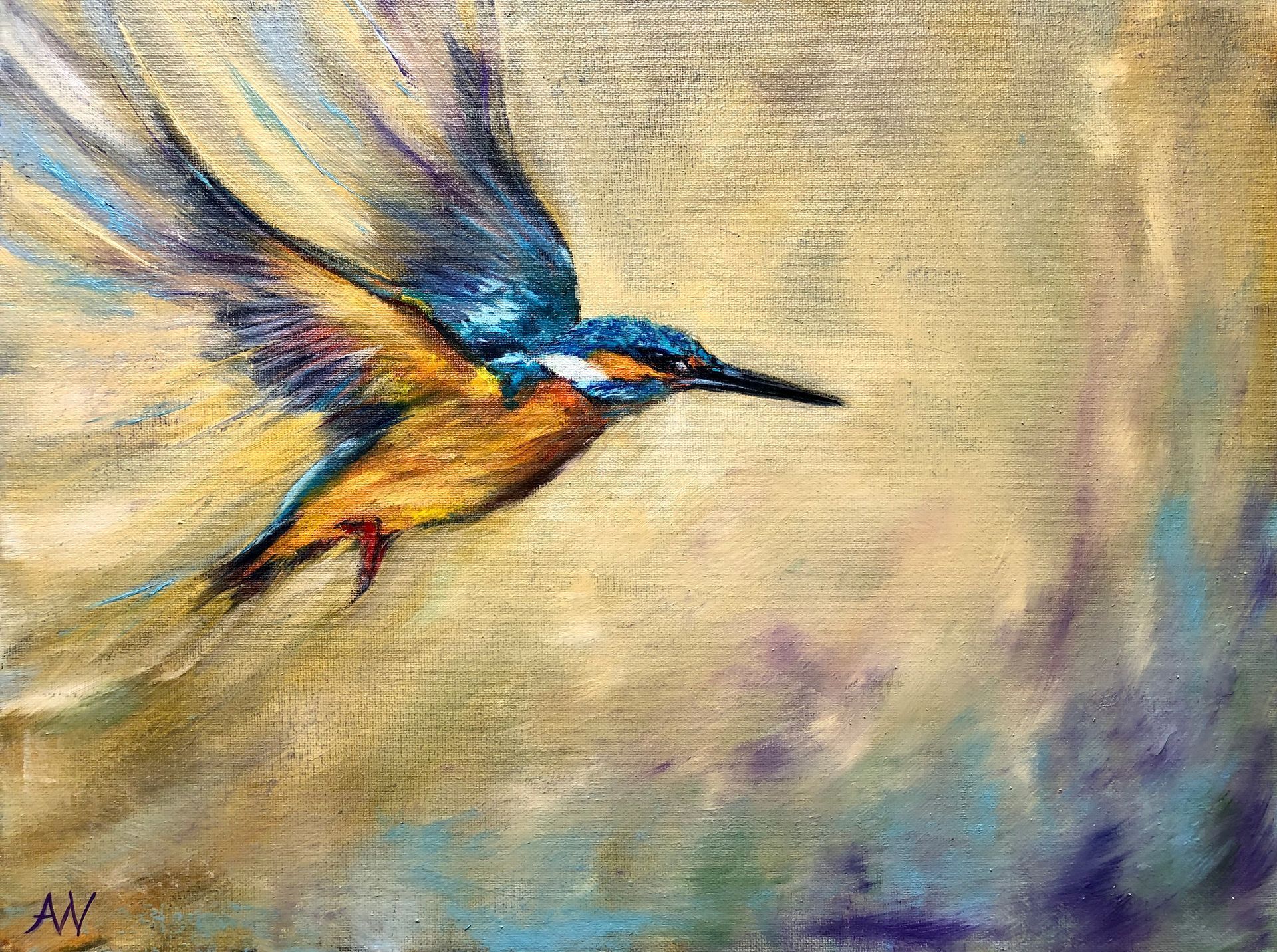 Flying kingfisher with blue, yellow, and orange feathers, against a blurred, beige and blue background.