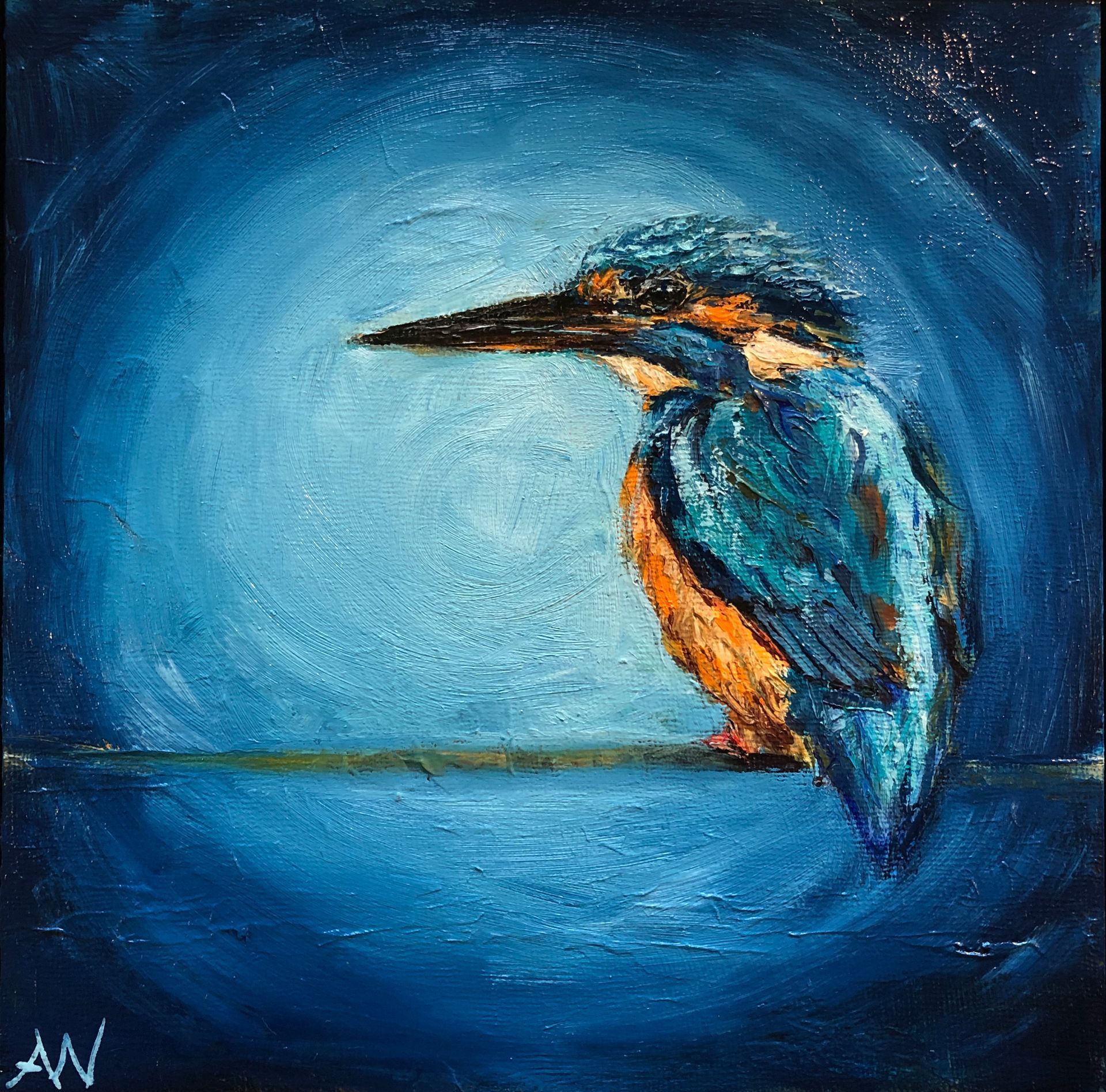 Kingfisher bird perched on a branch, against a blue, circular background.