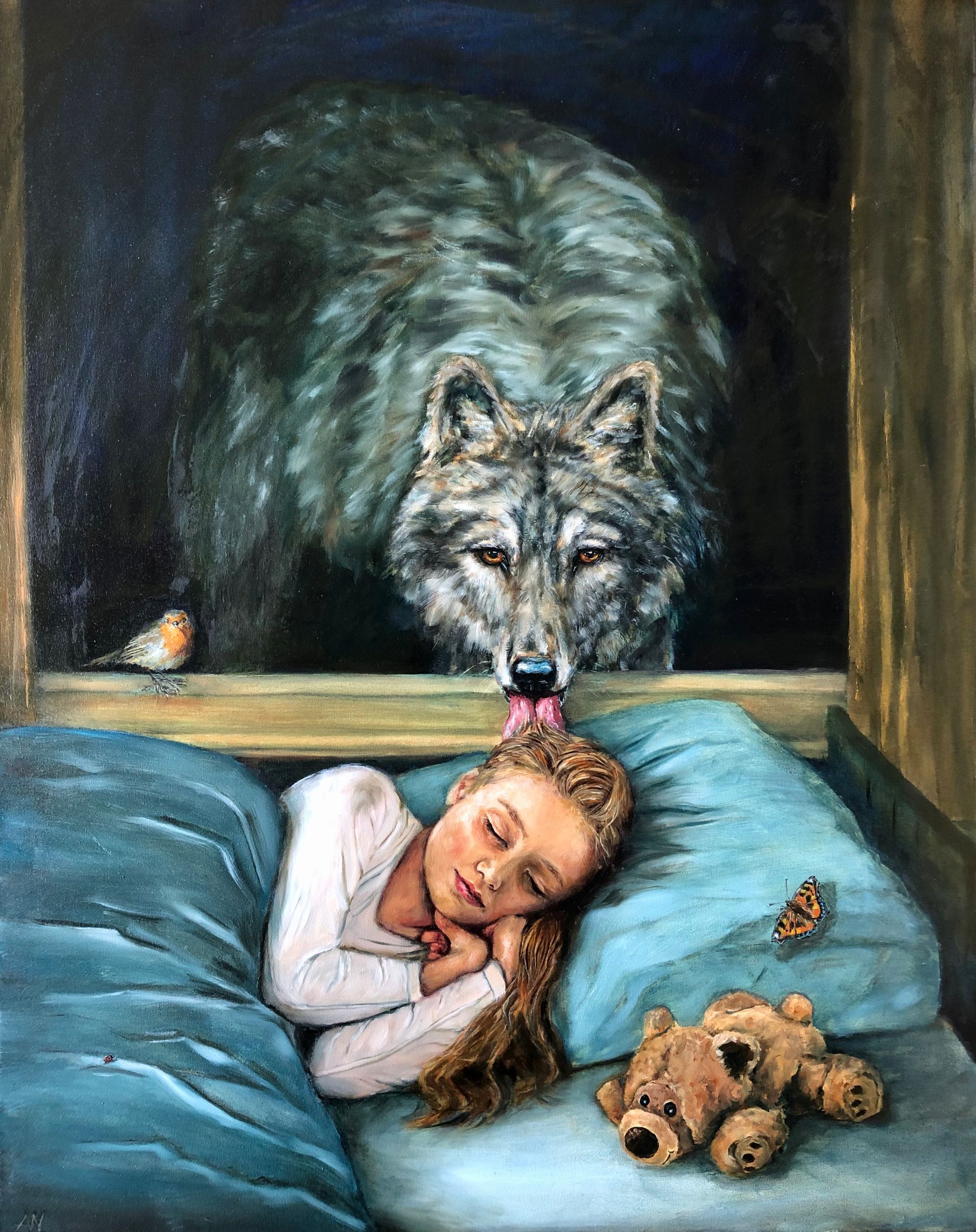 A wolf licks a sleeping child’s forehead. A bird watches from a window, a teddy bear and butterfly nearby.