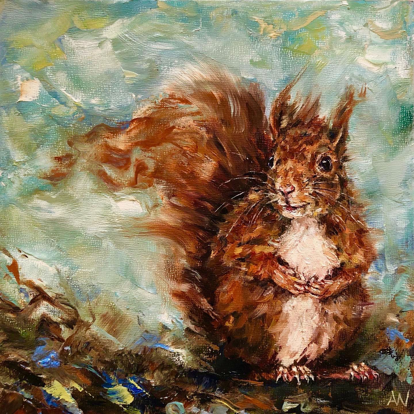 Brown squirrel with fluffy tail and alert expression, sitting on a branch, painted with textured brushstrokes.