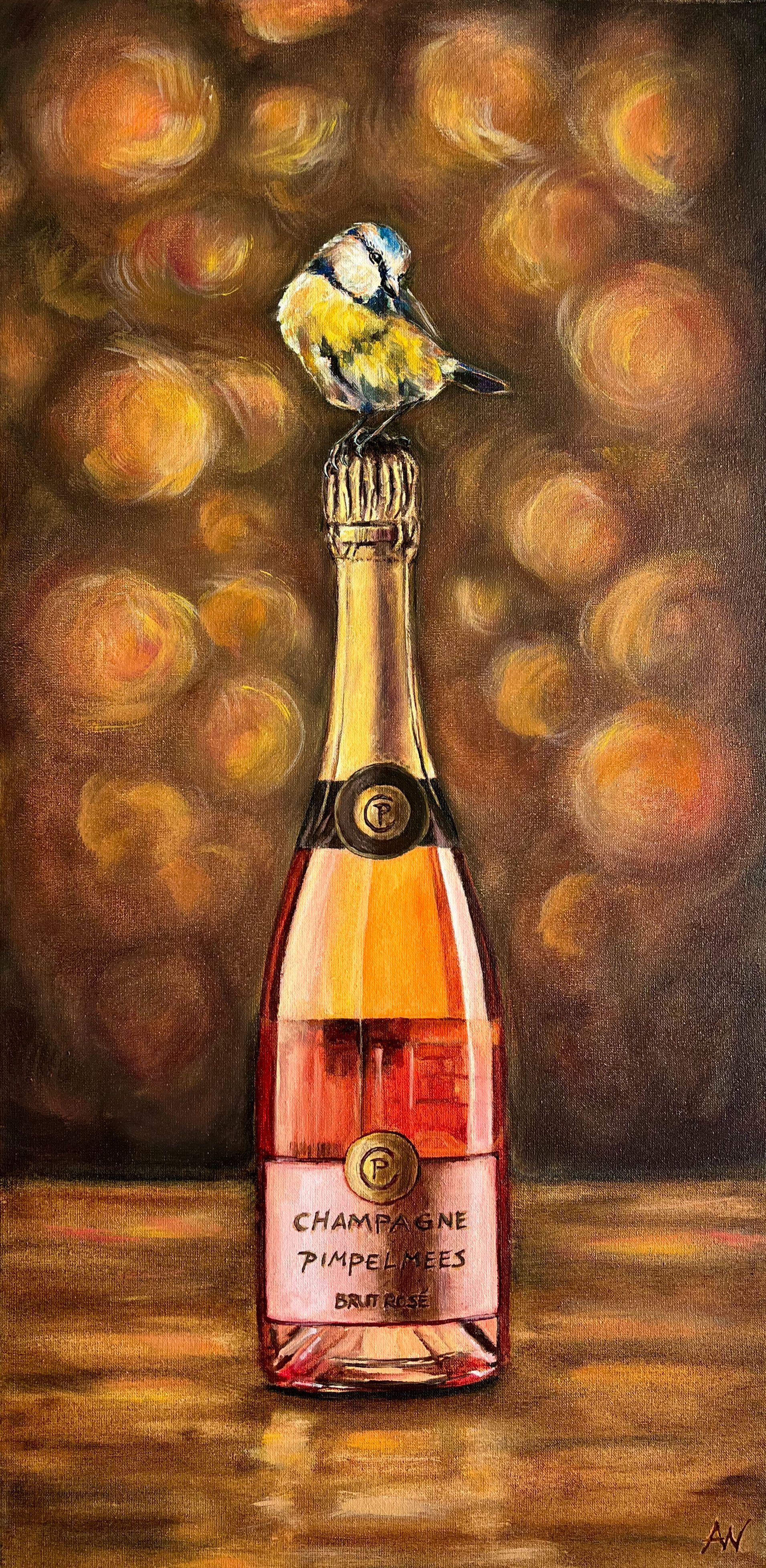 A small bird perched atop a bottle of pink champagne. Brown and gold background.