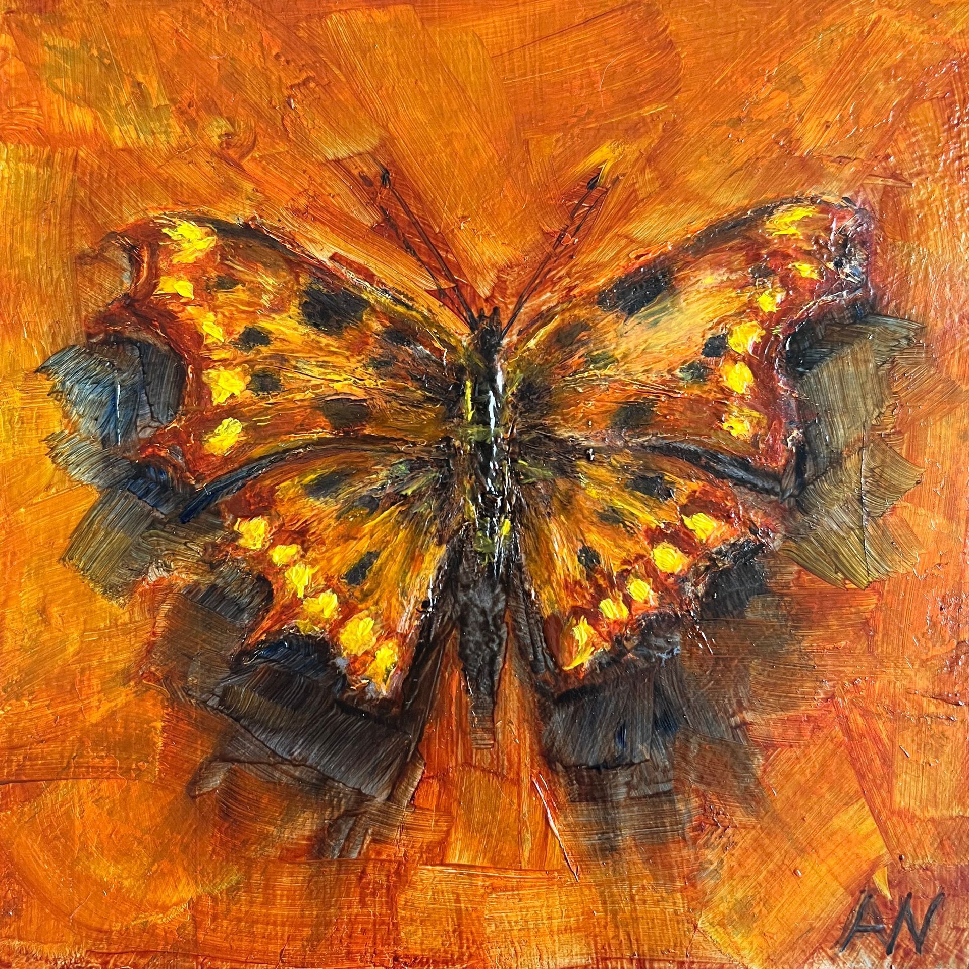 Oil painting of a butterfly with orange and black spotted wings on an orange background.