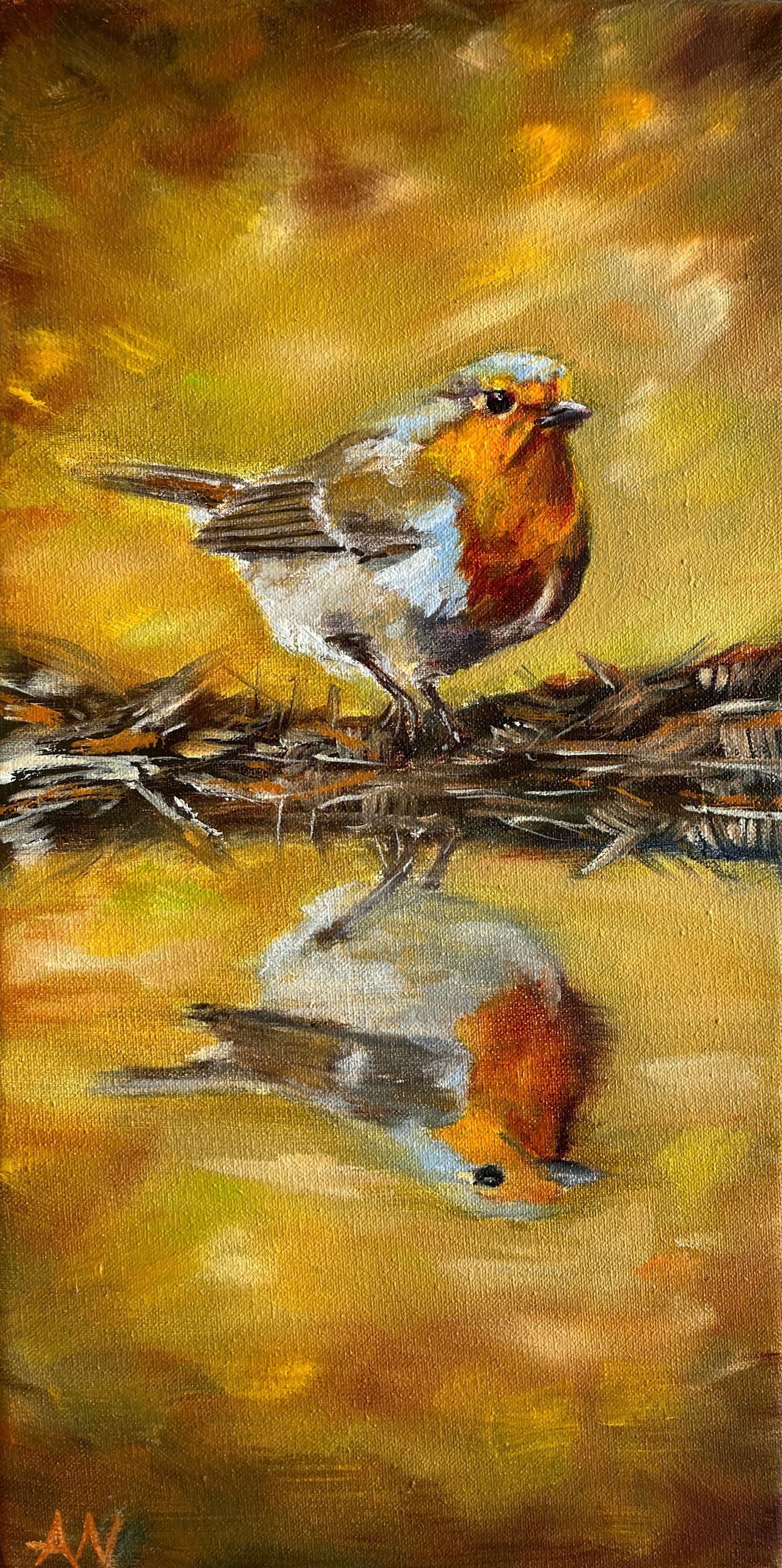 Bird with red breast perches on a branch, reflected in water. Golden, painterly background.