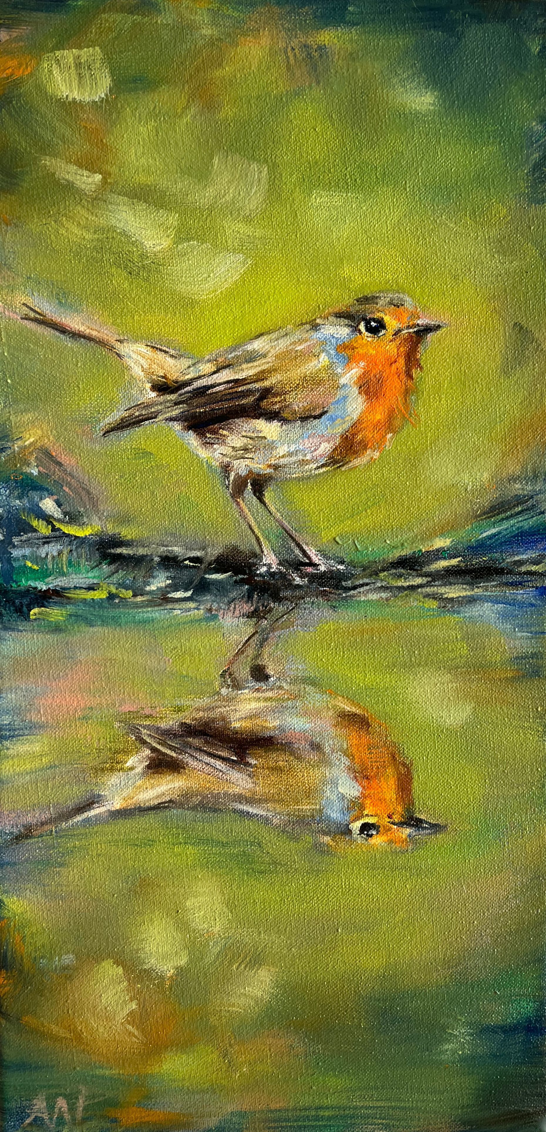 A painting of a robin with its reflection in water, set against a green background.