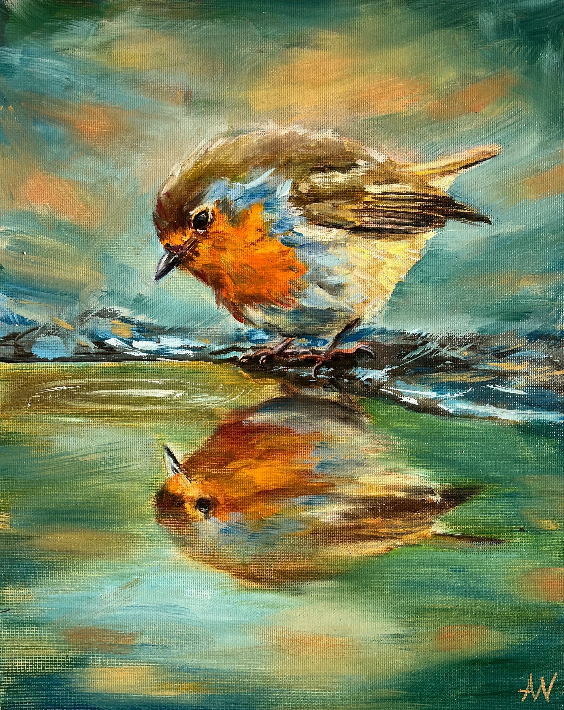 A robin with orange breast reflected in water; a landscape with blue, green, and orange hues.
