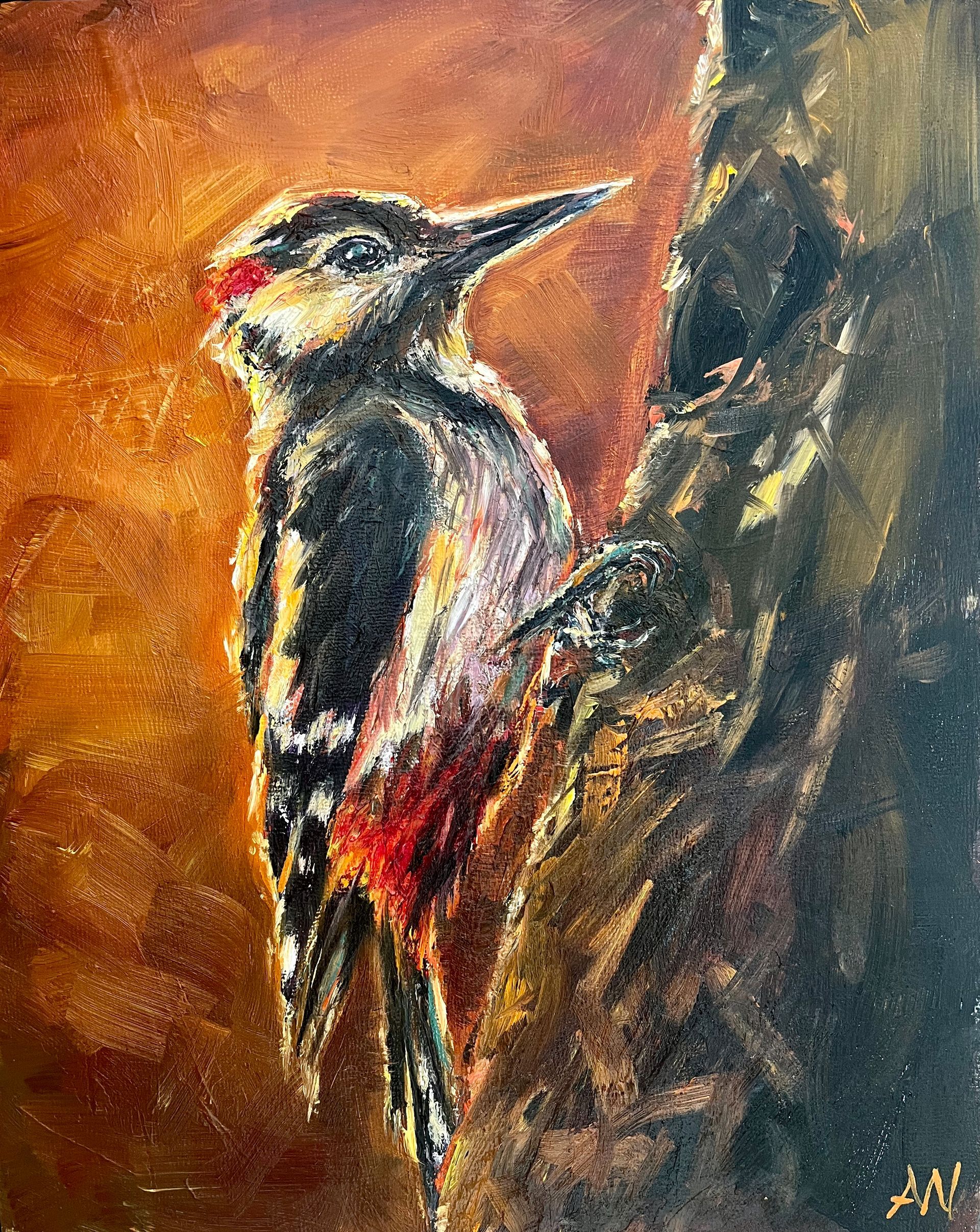 A woodpecker with red markings clings to a tree. Brown, orange, black, and white colors are present.