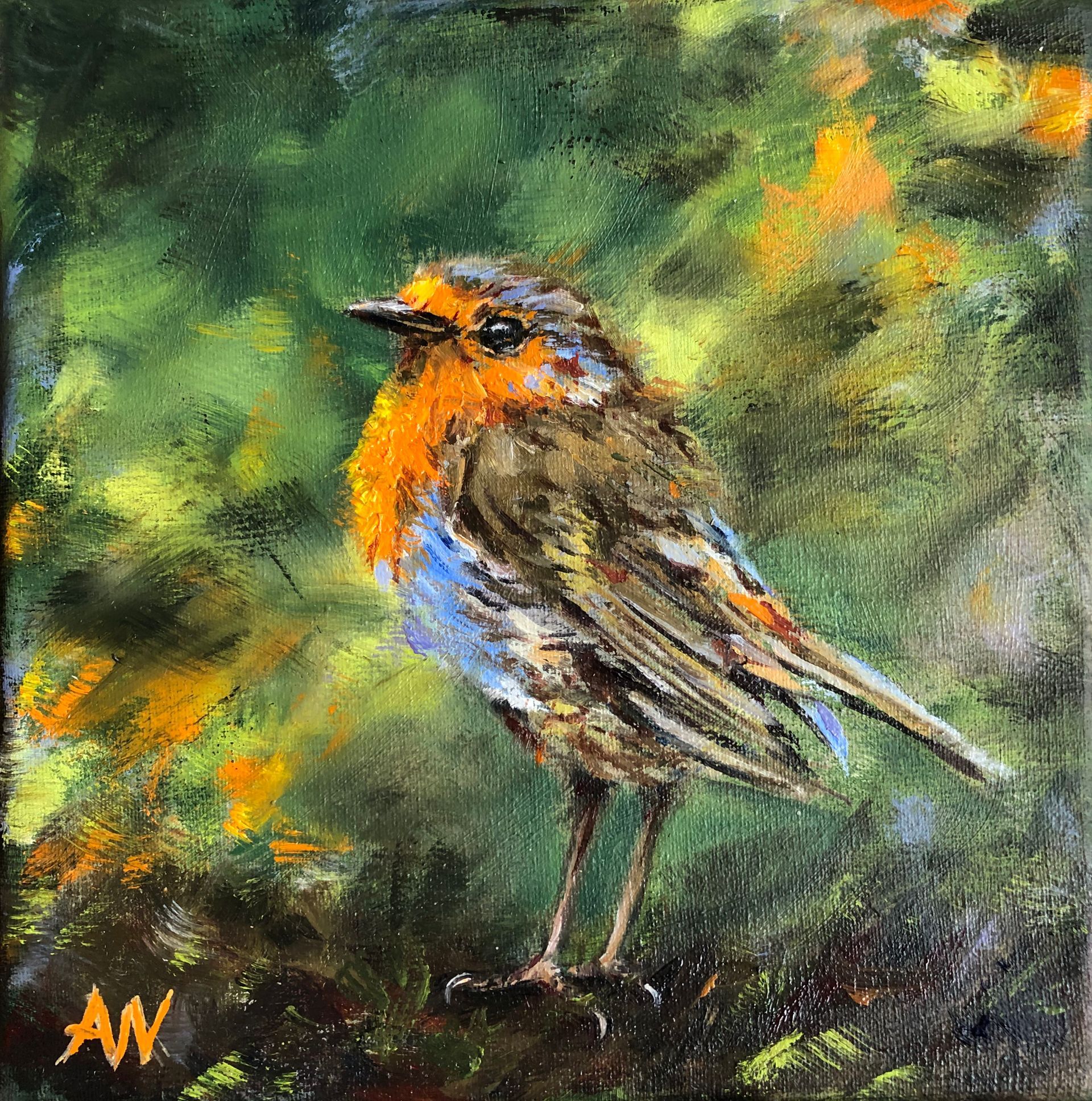 European robin perched, orange breast, against a leafy green and yellow background.