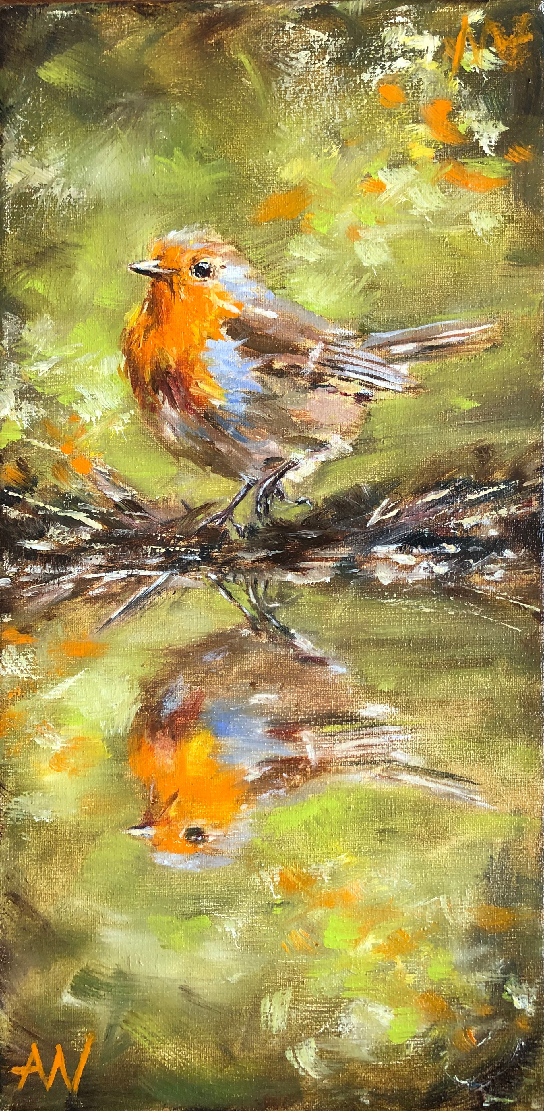 A robin with orange breast perched on a branch, reflected in water. Green background, autumn colors.