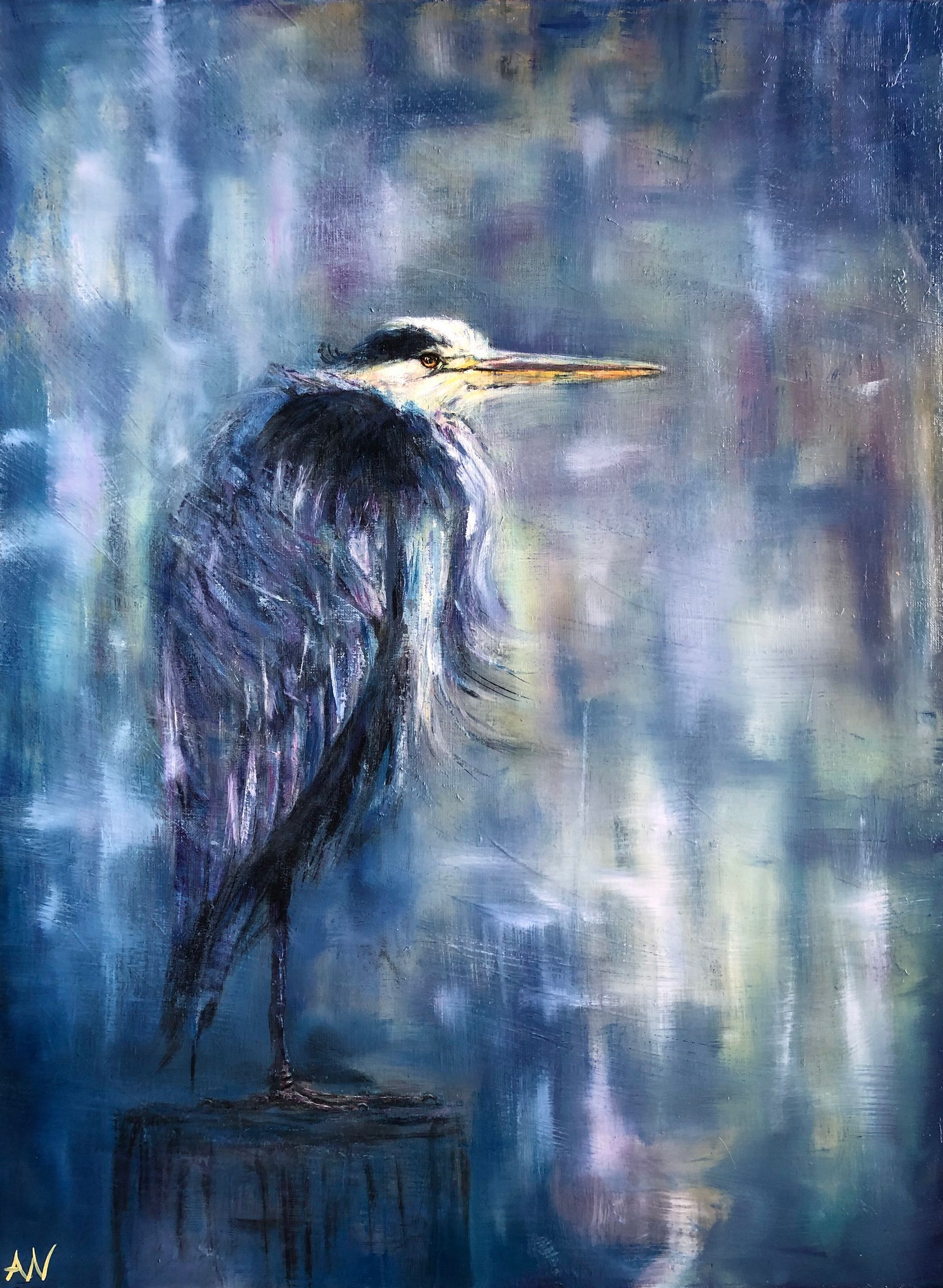 Blue heron perched on a wooden post against a blurred blue background.